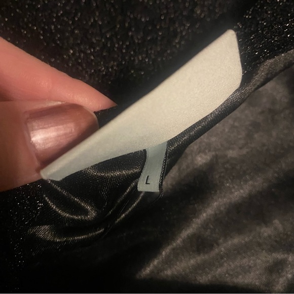 Evening Luxe Moves Black Glitter Midi Dress Sheer Sleeves & Deep V-Back Large - Picture 8 of 8